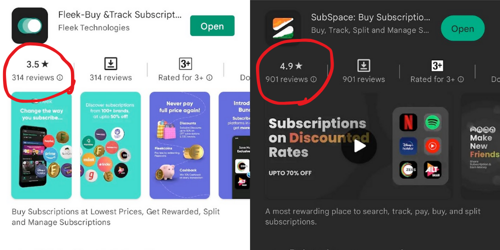 Ratings from Play Store (Not real-time data, screenshot taken on 14th Jun 2022)<br>